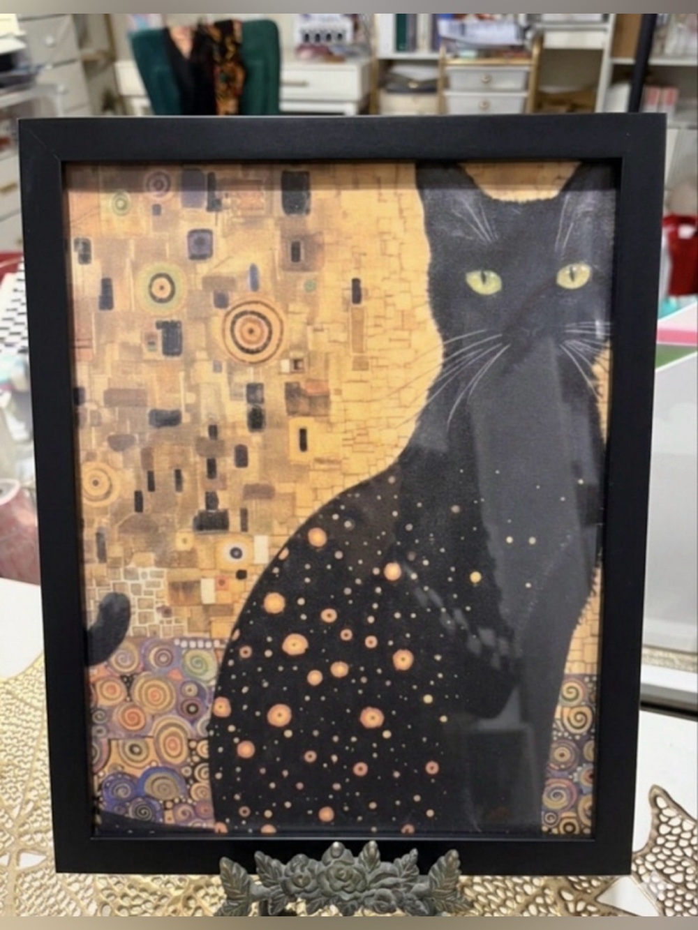 Klimt style black cat framed 8x10 art print